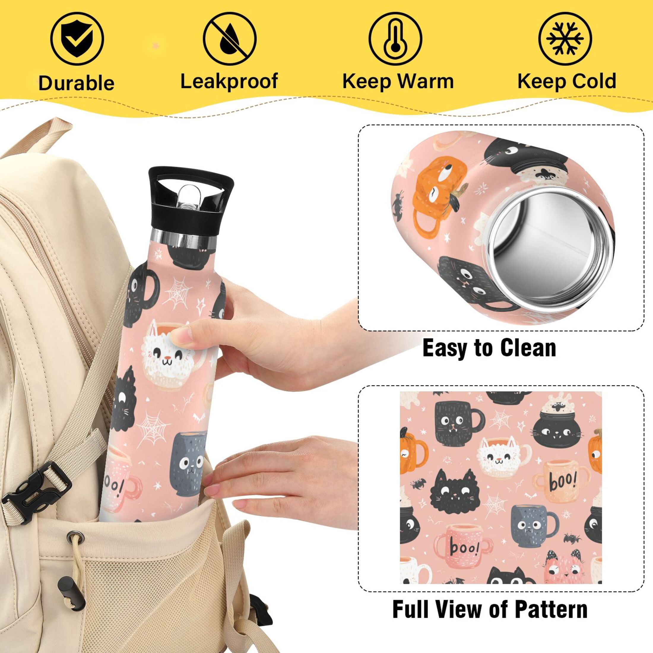 Kids Insulated Stainless Steel Sports Water Bottle 600ml (20oz) Halloween Coffee Mug Pattern