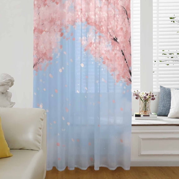 Japanese Cherry Blossoms Sheer Curtains 63 Inches Long for Living Room/Bedroom, Watercolor Floral Art Blue Sky Rod Pocket Voile Kitchen Curtains & Drapes Window Treatment 1 Panel, 52"W x 63"L