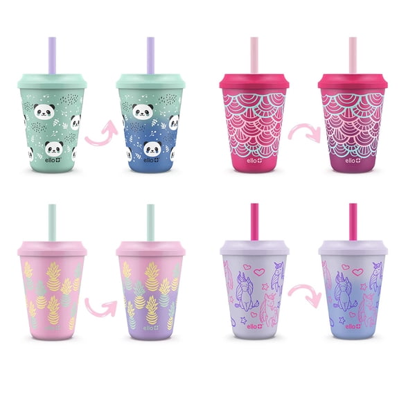 Reusable Cups, 12oz Plastic Color Changing Cups with Splash Proof Lids and Straw, BPA Free, Dishwasher Safe, Multicolor, Fun Drinking Experience