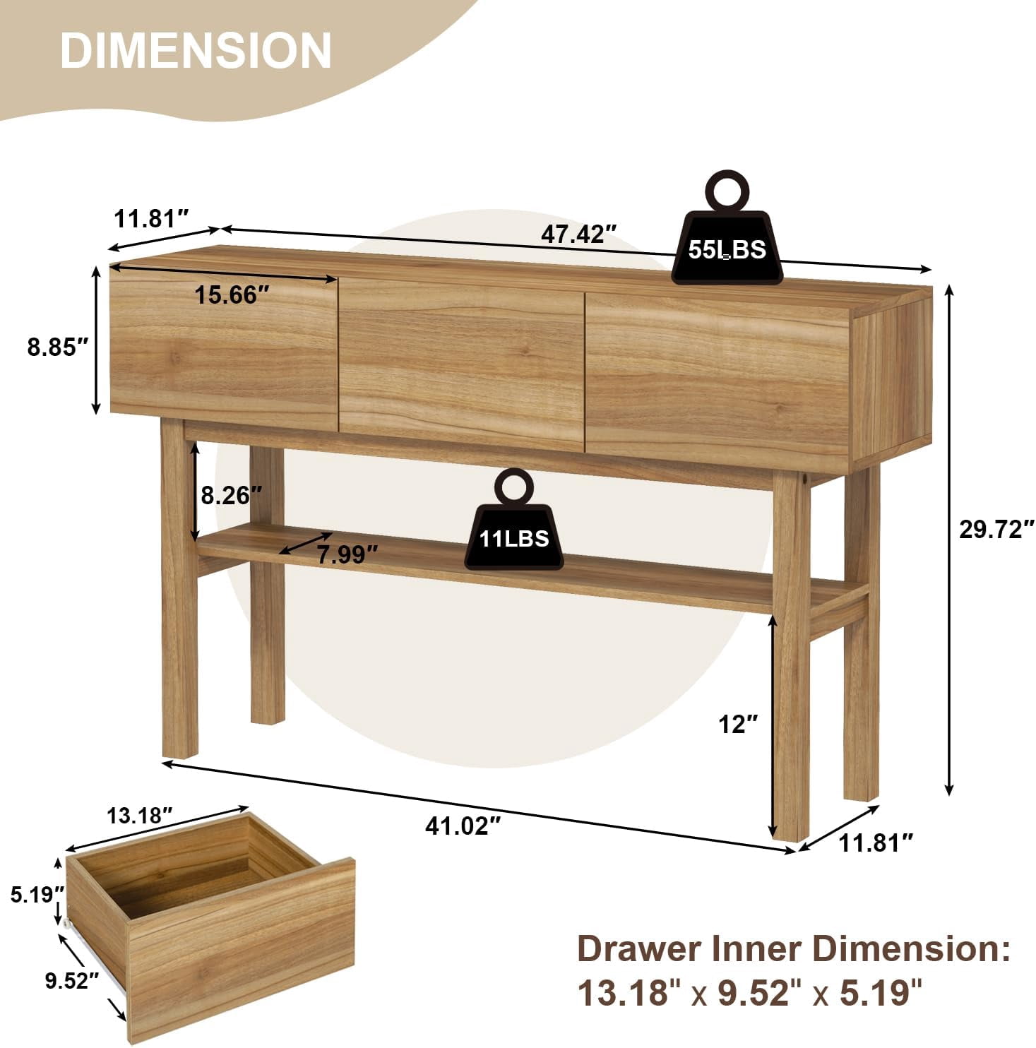 LAZZO Wood Console Table with 3 Drawers, 2-Tier Storage Shelves, Rustic Entryway Sofa Table for Living Room, Hallway & Foyer, Brown
