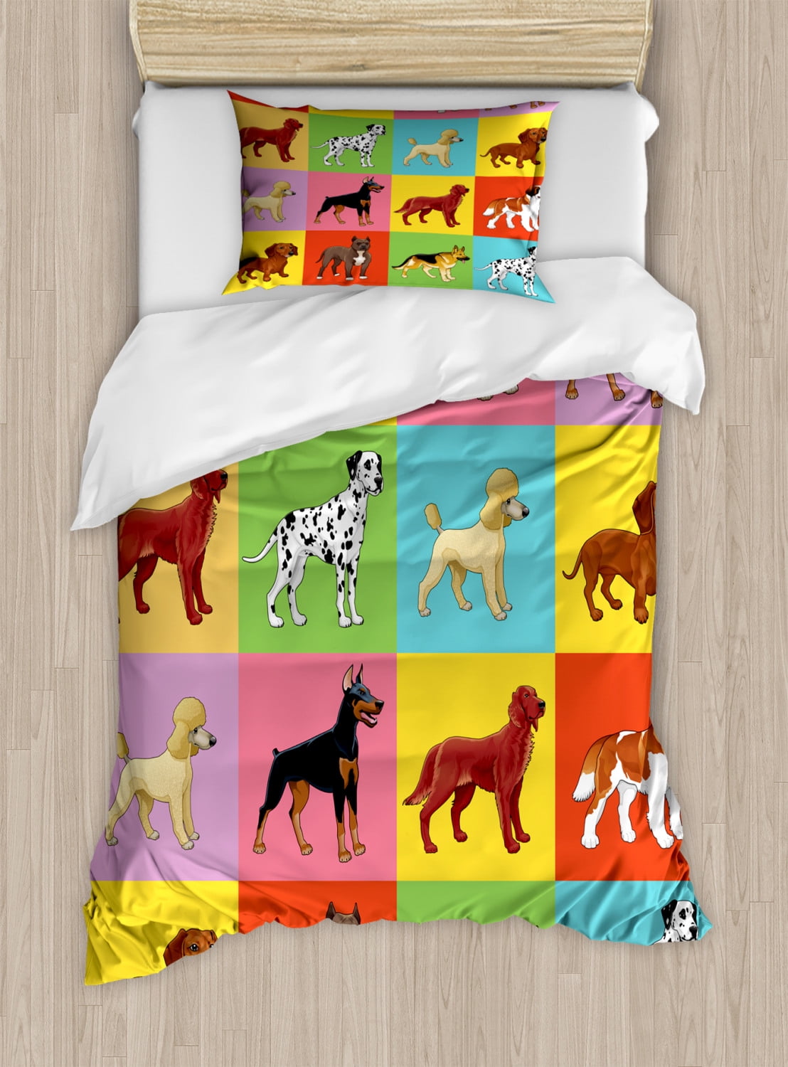 Dogs Duvet Cover Set Twin Size, Colorful Checkered Pattern with