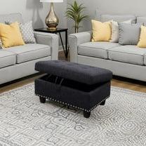 Small Storage Ottoman Linen Ottoman with Storage & Drawcord Foot Rest with Nailhead Trim Footstool with Legs Rectangular Footrest Foot Stool for Couch Sofa, Living Room & Bedroom, Black
