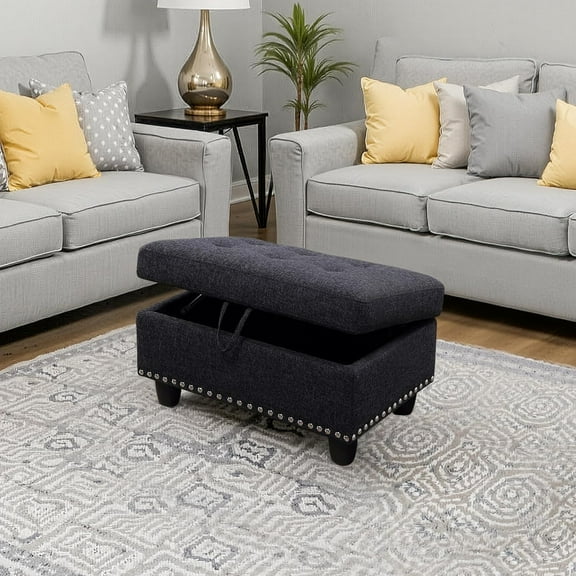 Small Storage Ottoman Linen Ottoman with Storage & Drawcord Foot Rest with Nailhead Trim Footstool with Legs Rectangular Footrest Foot Stool for Couch Sofa, Living Room & Bedroom, Black