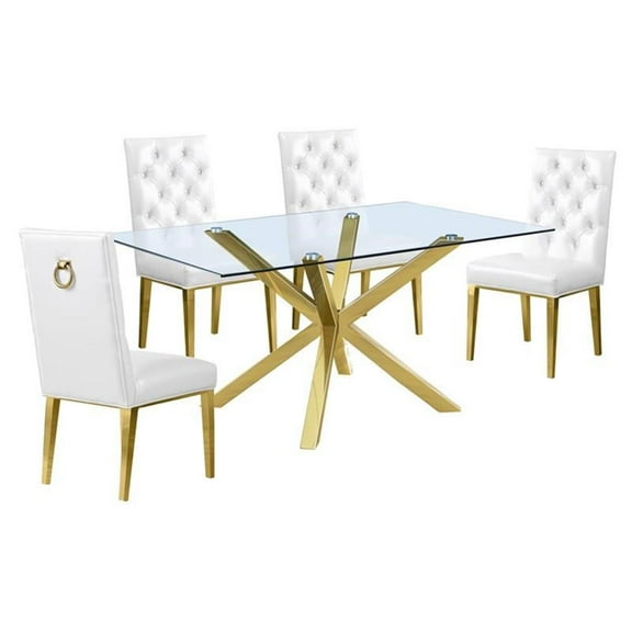 63"x 39" Rectangular Clear Glass 5pc Dining Set with Gold Stainless Steel