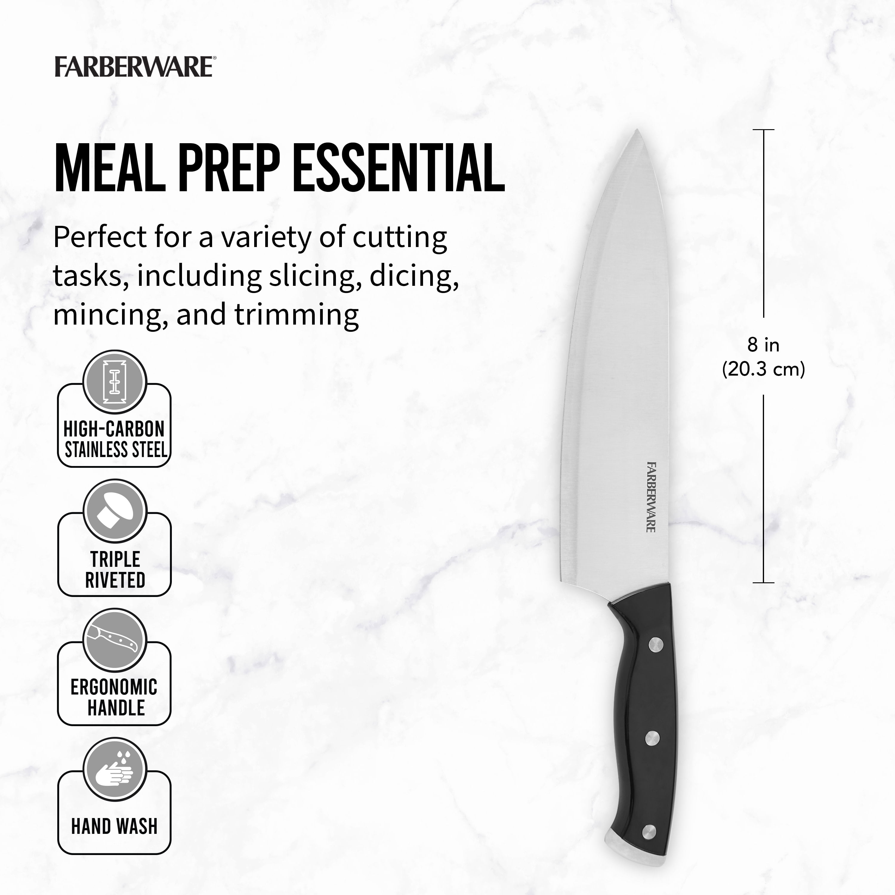 Farberware Classic Stainless Steel 6 Piece Full Tang Tripe-Riveted Knife  Prep Set with Black Handles