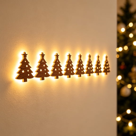 7Pcs Backlit LED Wooden Christmas Tree Wall Ornament Flat 2D Cutout Design Warm White Lighting Rustic Holiday Wall Decor for Indoor Spaces