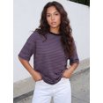 thumbnail image 5 of LMLYSoH Women's Summer T-Shirt Casual Loose Fit Stylish Striped Crew Neck Short Sleeve Drop Shoulder Tops, 5 of 8