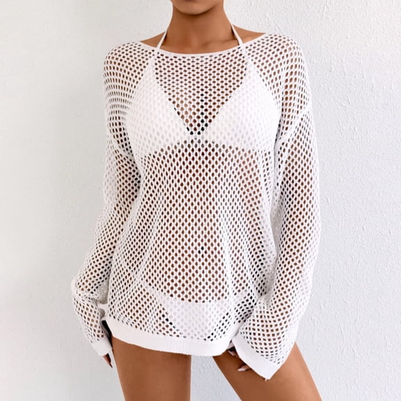 Xdegoge Women's Mesh Fishnet Cover Up Long Sleeve Crew Neck Beach Smock Hollow Out Crochet See Through Knit Top for Bikini Vacation Clubwear