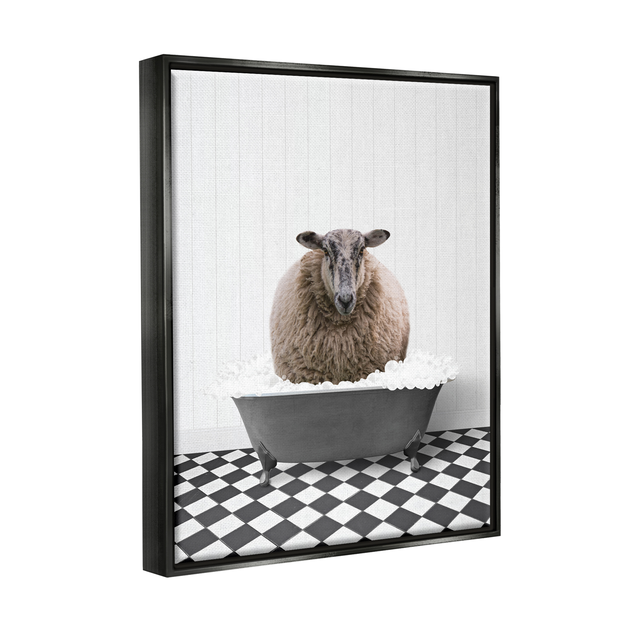 Stupell Industries Ram in Bathroom Tub Animals & Insects Painting Black Floater Framed Art Print Wall Art, 25 x 31