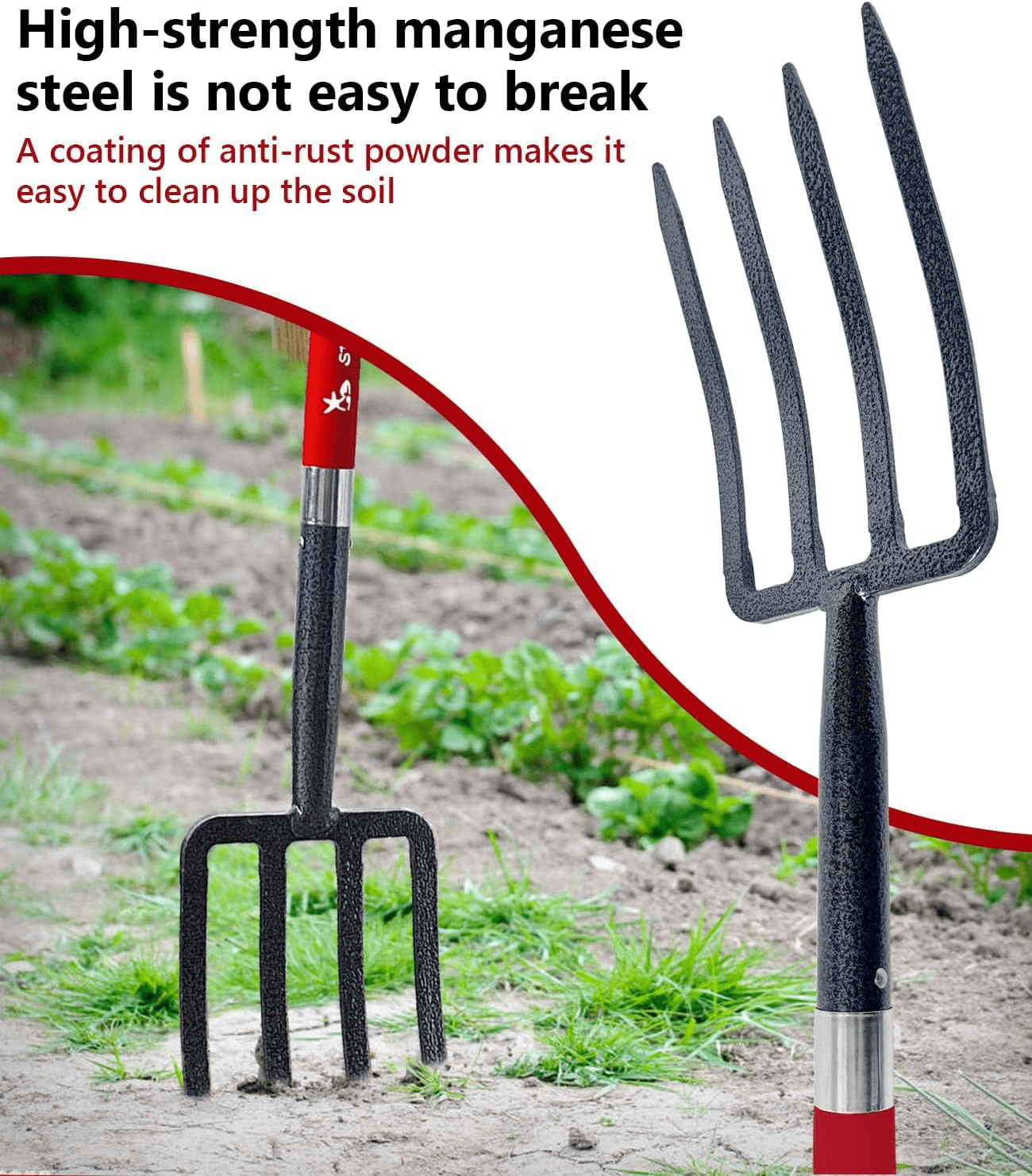 NOMIGO Hay Fork 4-Tine Steel Pitchfork with Ergonomic D-Handle for Gardening, Digging, Composting, Aerating