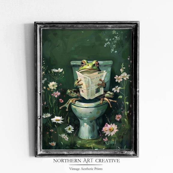 Frog Bathroom Print Dark Floral Bathroom Wall Art Botanical Bathroom Wall Decor Vintage Wall Art Able Art Home Decor #2527, Unframed Poster Size 8x12