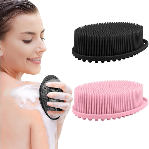 Soft Silicone Body Scrubber 2 PCS Silicone Body Shower, Silicone Loofah 2 in 1 Bath and Shampoo Brush, Body Scrubber Shower Cleaning Exfoliating Use for Sensitive Skin, Lather Well(Black and Pink)