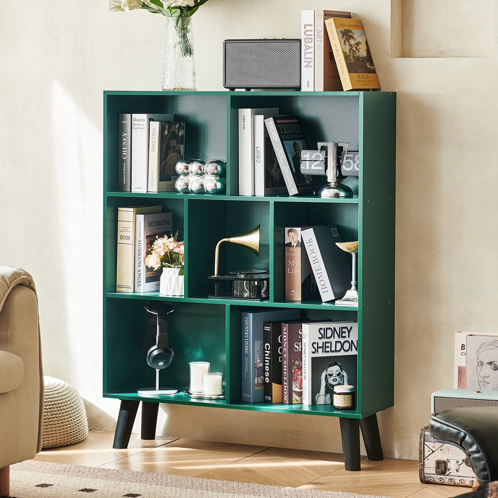 7-Cube 3-Tier Mid-Century Dark Green Bookcase with Legs, Retro Wood Storage Organizer, Freestanding Open Shelves for Bedroom, Living Room, Office