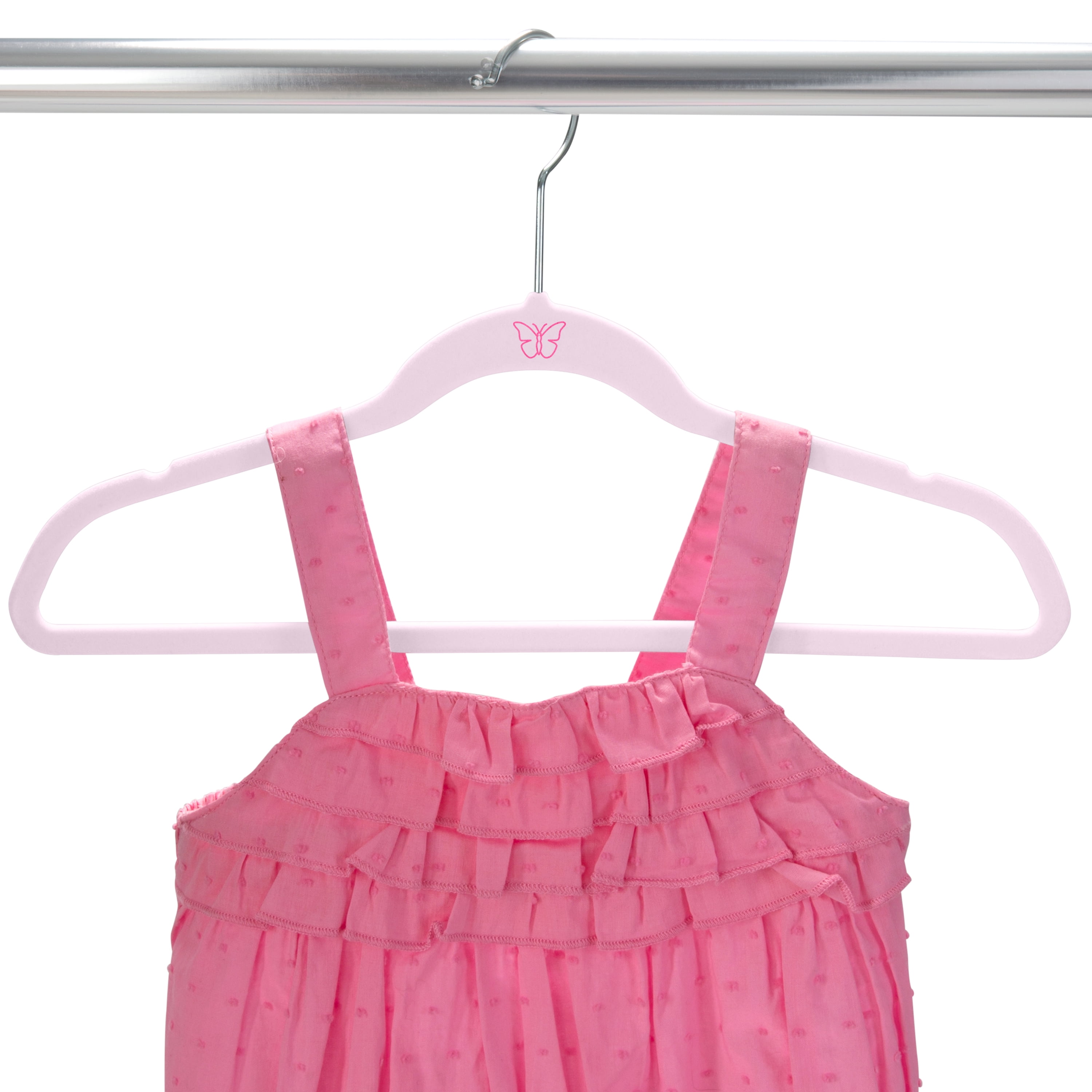 Simplify Kids 100 Pack Velvet Hangers with Butterfly Icon in Blush Pink