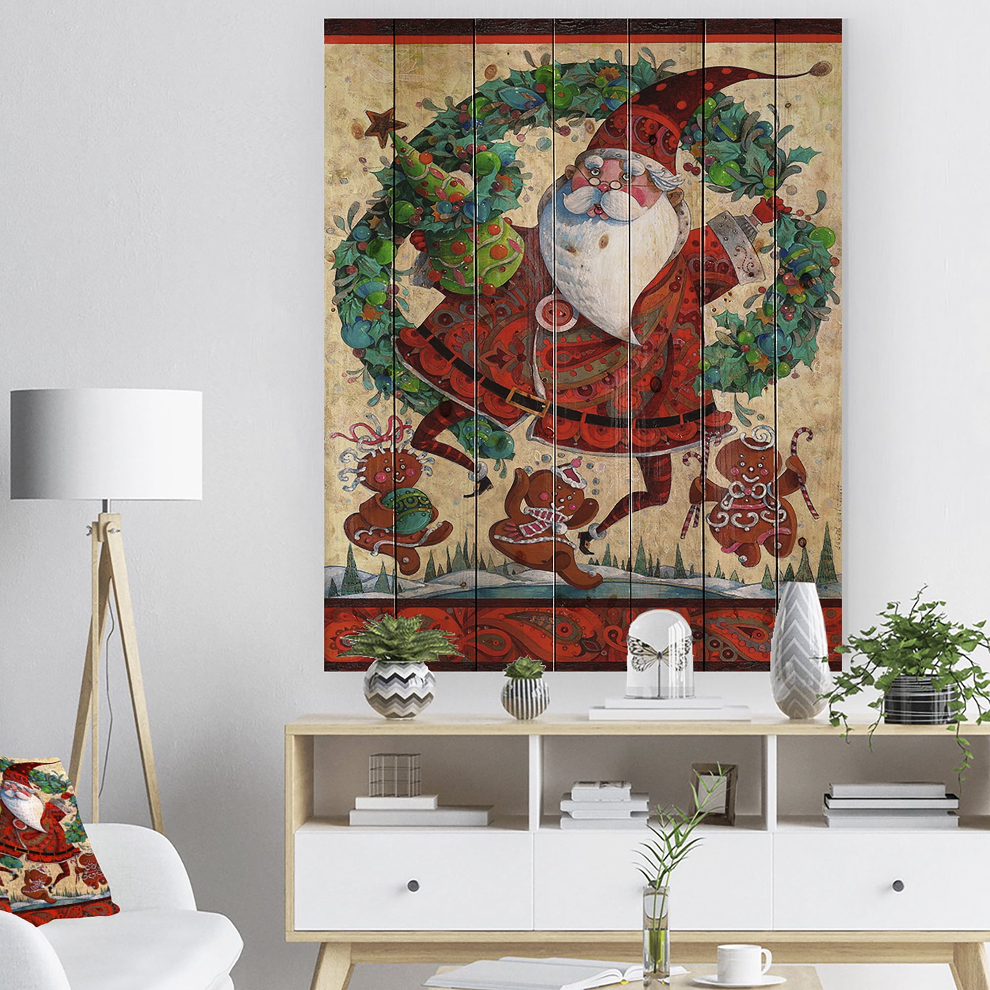Designart 'Frolic Santa with Gingerbread Men and Wreathe' Print on Natural Pine Wood