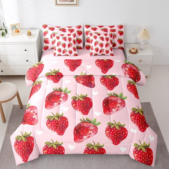 Manfei Kawaii Strawberry Twin Bedding Sets 7-Piece,Red Fruit Bedding Comforter Set 7-Piece,Heart Print Sheet Sets,Breathable Bedroom Decor Reversible
