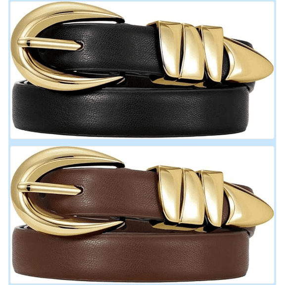 HEYMKGO Women's Belt Set – 2-Piece Dress Belts with Golden Buckle, Waist Belts for Jeans, Dresses
