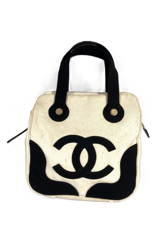 Pre-Owned CHANEL CC Coco Mark Logo Marshmallow Tote Bag, Two-Tone Canvas Handbag, Women's, Black
