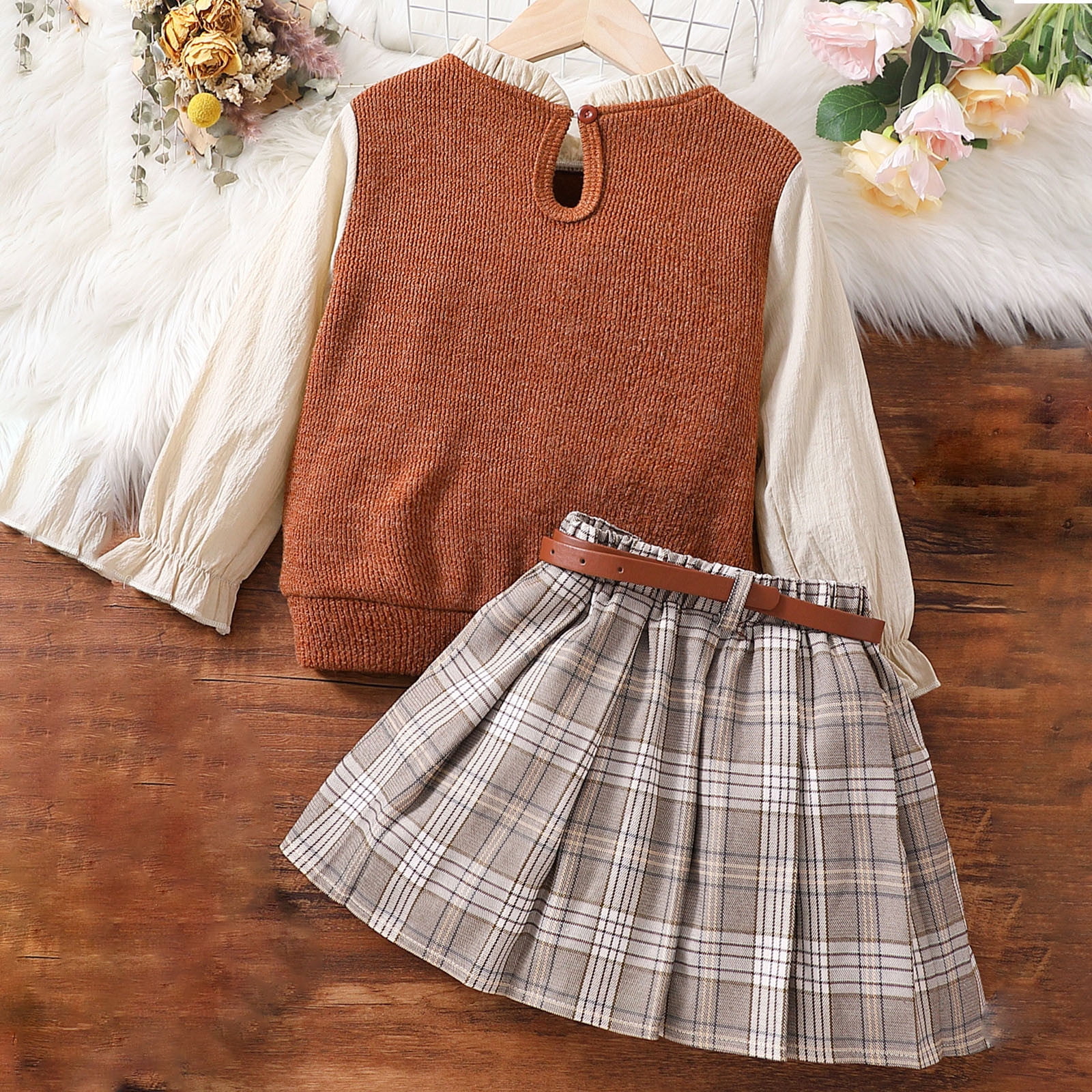 Jalioing Skirts Suits for Child Girl Long Sleeve Top with