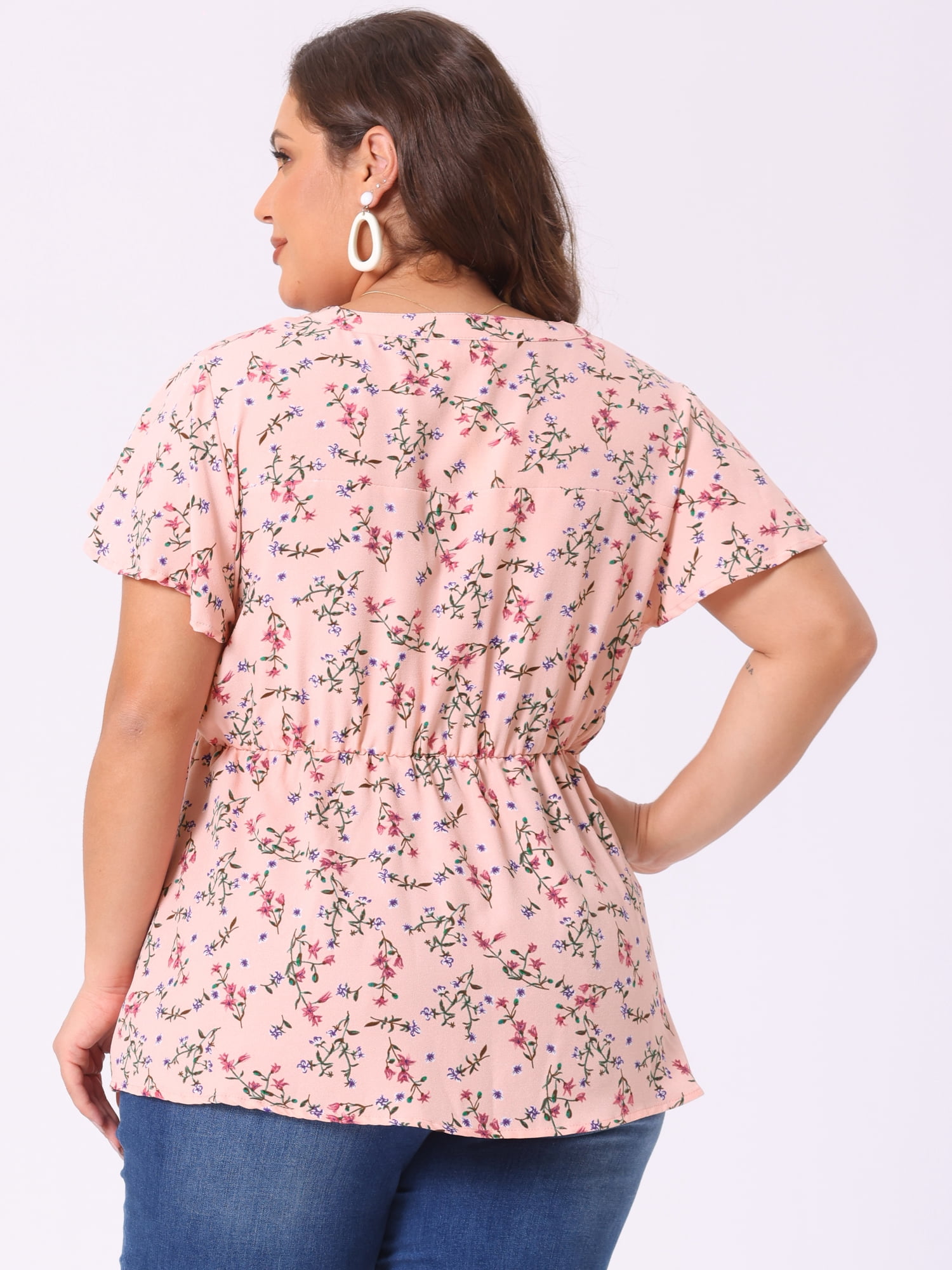 DARING DIVA Women's Plus Floral Elastic Waist Lightweight Chiffon Blouse 4X Pink