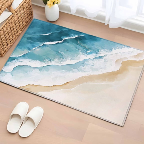 Blue Teal Beach Coastal Bathroom Mats 2x3 FT,Non Slip Small Kitchen Mat,Summer Nautical Seaside Ocean Washable Soft Backed Front Door Throw Rugs Non-Shedding Indoor Outdoor Doormat for Entryway Sink