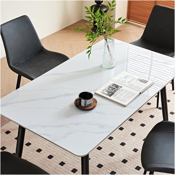 JERFIT Modern Farmhouse Dining Table, 55 Inch Rectangular Kitchen Table with Ceramic Top and Sturdy Metal Base, White and Cream, Easy Assembly