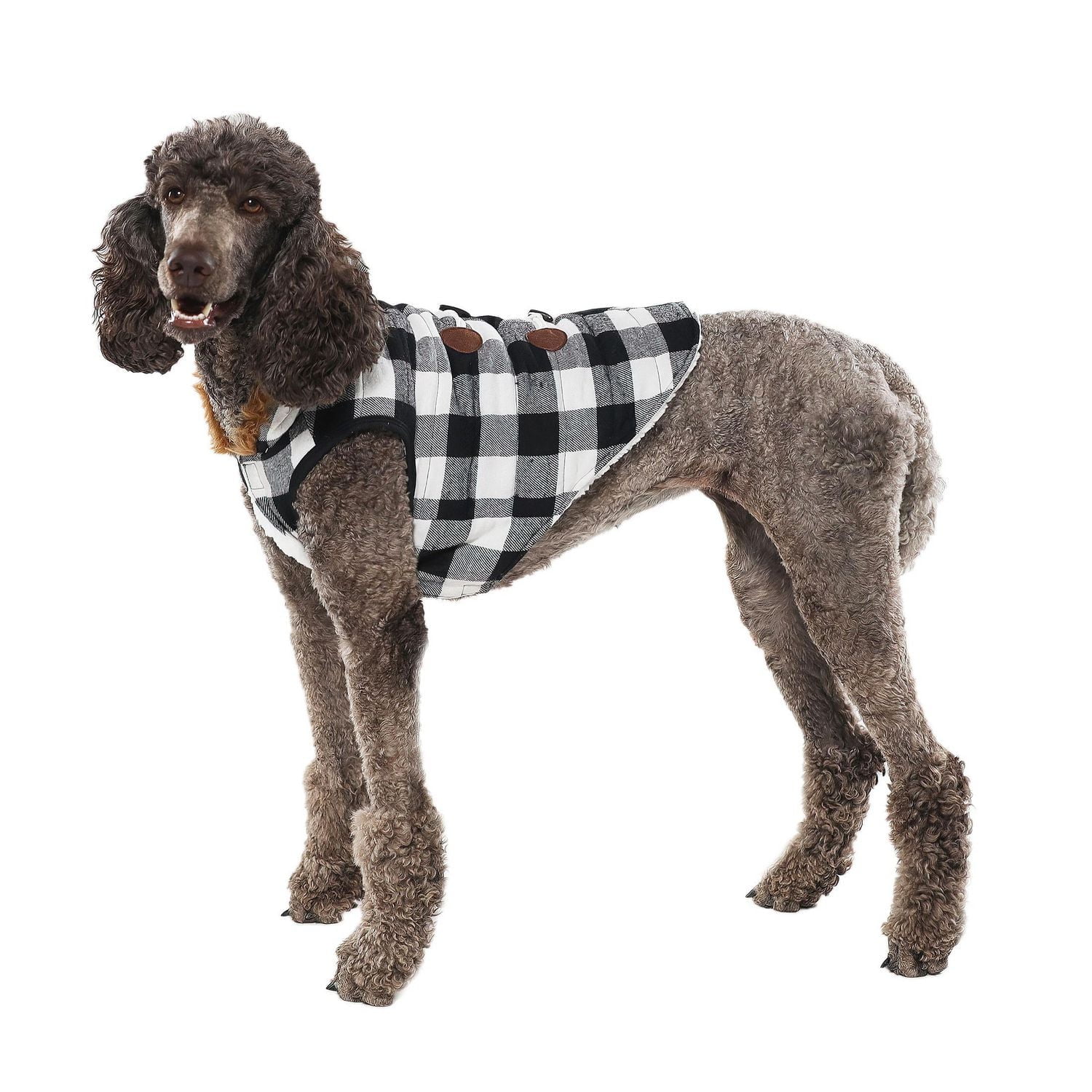 Holiday Time Dog Clothes: Hooded Jacket for Fall & Winter, Black & White Buffalo Plaid, Size XS-XL