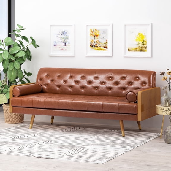 Newboti Furniture Adelaide Mid-Century Modern Tufted Sofa with Rolled Accent Pillows 70690