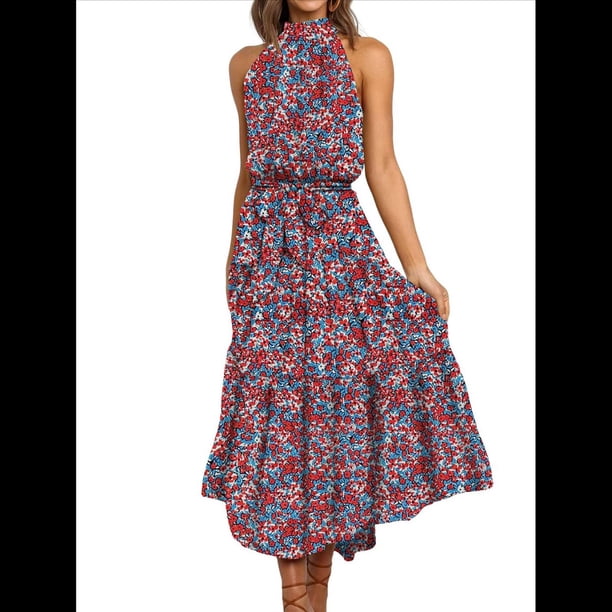Vestido Bohemio de Verano para Mujer, Sin Mangas, con Estampado de Lunares, Cuello Halter, Volantes, Dobladillo y Cinturón Azul y Rojo M