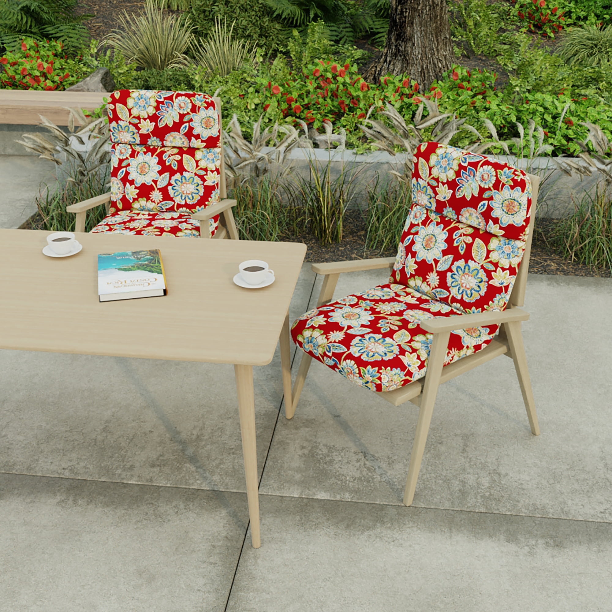 Jordan Manufacturing 45" x 22" Daelyn Cherry Red Floral Rectangular Outdoor Chair Cushion with Ties and Hanger Loop