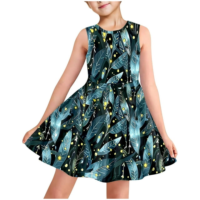 LOVZFMLL Robe d'Été à Manches Courtes pour Filles avec Poches à Volants Col Rond Imprimé Robe Débardeur Douce