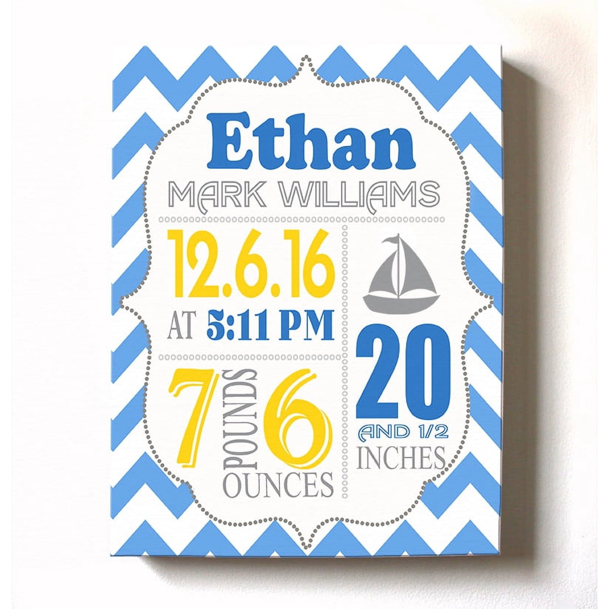 Personalized Canvas Birth Announcement Nursery Decor Gift, Sailboat Design, Custom Name, Date, Weight & Length, Unique Boys & Girls Baby Shower Wall Art Presents, Color Blue, Size - 24X30