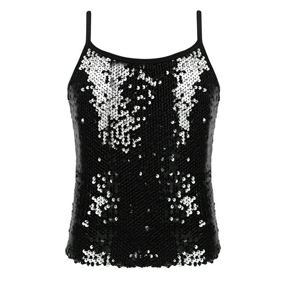 Alvivi Kids Girls Sparkle Sequin Dance Tops Sleeveless Camisole Cheer Jazz Performance Vest Tank Shirt Black 6