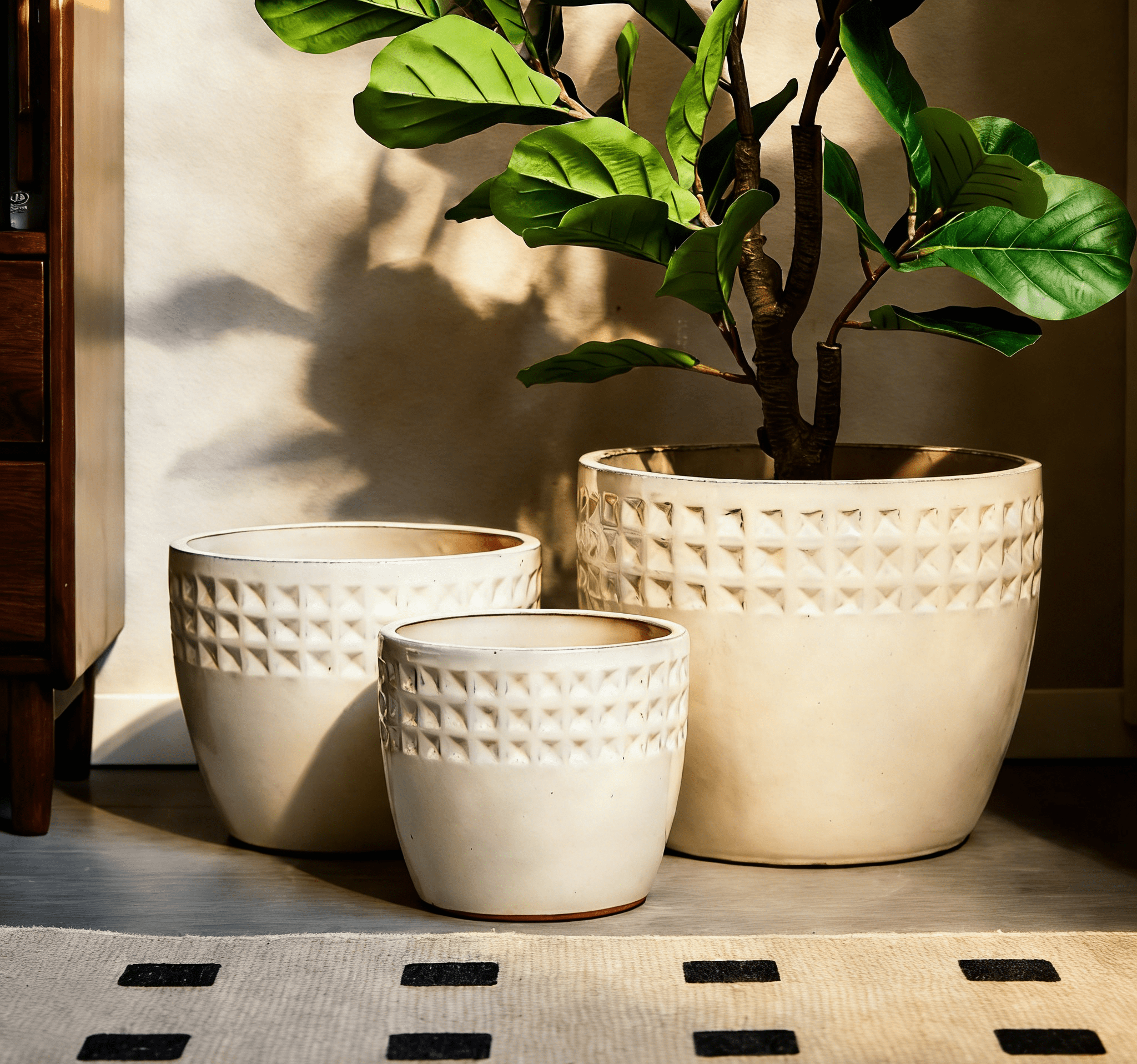 mdj pottery 3pcs Handmade Ceramic Planter Set, 15/12/9 Inch, Antique White Diamond Pattern, Ceramic Flower Pots for Orchids Succulents, Indoor Outdoor Windowsill Bookshelf Decor