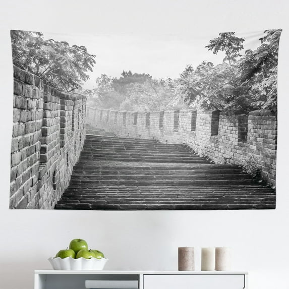 Landscape Tapestry, Famous Place in Jinshanling Rocky Fences Dreamy Surreal Image, Fabric Wall Hanging Decor for Bedroom Living Room Dorm, 2 Sizes, Green Earth Yellow, by Ambesonne