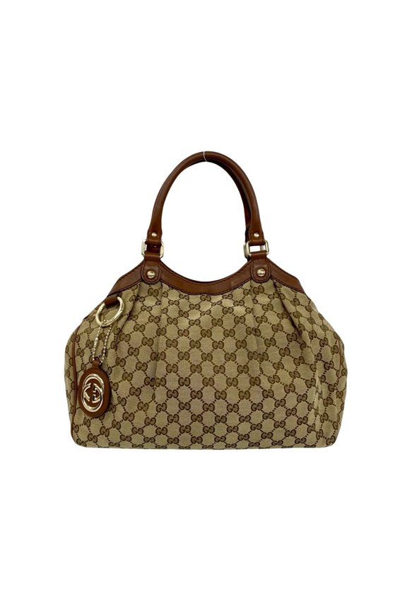 Pre-Owned GUCCI GG Logo Pattern Canvas Leather Genuine Handbag Semi Shoulder Bag Tote Brown...