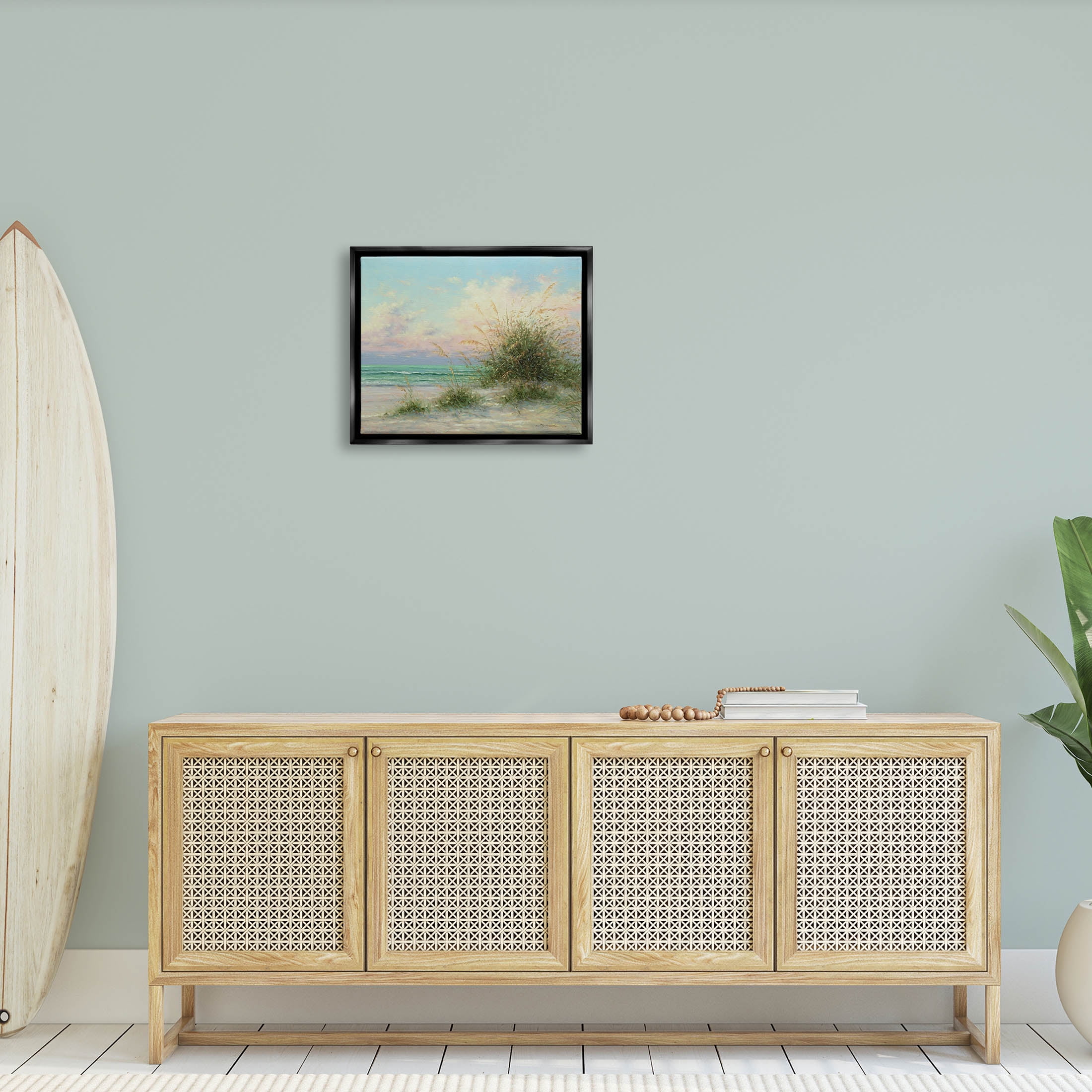 Summer Beach Grass Sea Waves Coastal Painting Jet Black Framed Art Print Wall Art