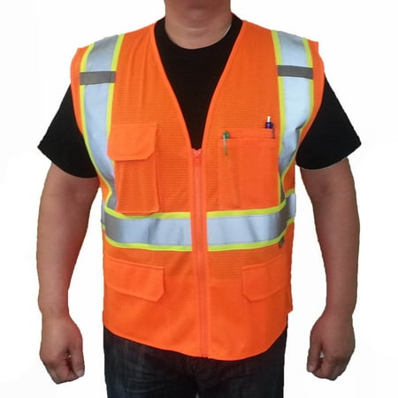 

3C Products ANSI/ISEA 107-2020 Class 2 Safety Orange Ultra Soft Mesh Surveyor Safety Vest w/ Multi-Pockets Mic Tabs and Pen Holder - SV2600-S