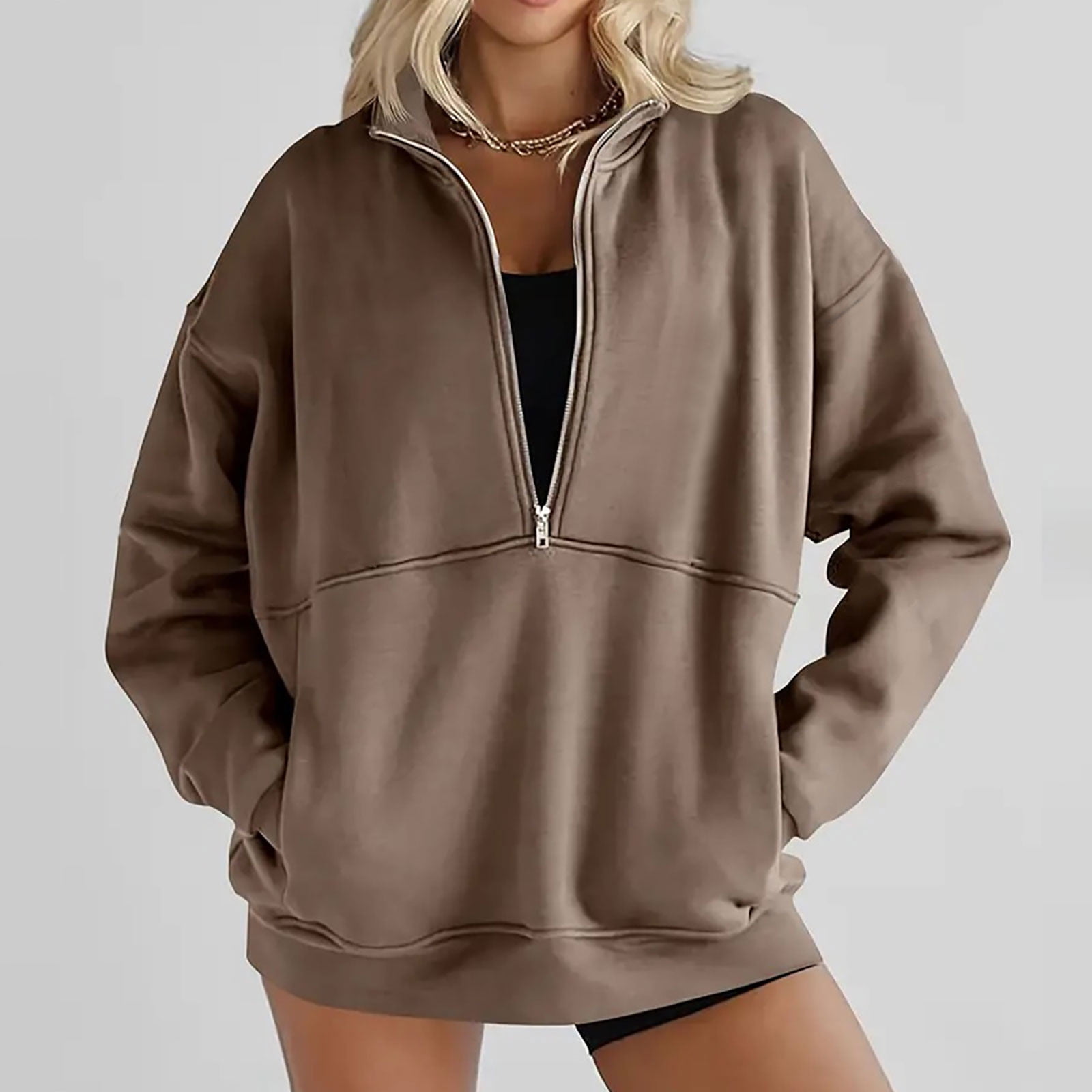 Sweat Polaire Femme Demi-zip - Col V, Manches Longues, Poches, Coupe Ample Pour Automne/hiver - 11