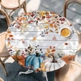 thumbnail image 2 of Orange Blue Fall Round Tablecloth, Fitted Table Cover with Elastic for 36"-44" Round Tables, Pumpkins Botanical Thanksgiving Wooden Table Cloth Outdoor Indoor Dinning Party Waterproof Tablecloths, 2 of 7