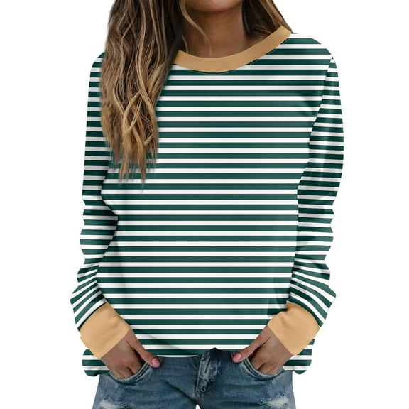 Oalirro Cute Long Sleeve Tops for Women Striped Print Round Neck Tops for Women Dressy Fall and Winter Army Green Shirt