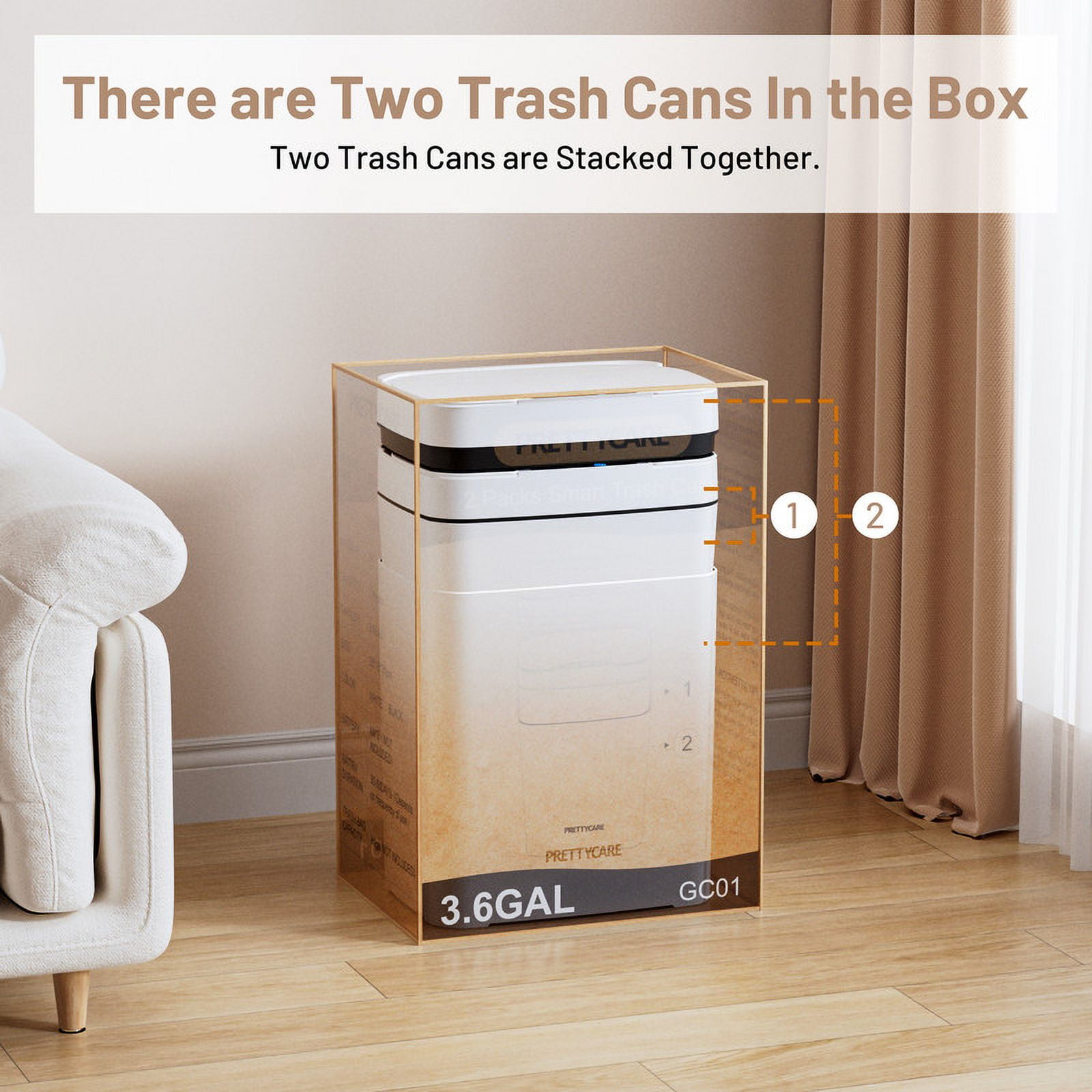 PrettyCare 2 Packs 3.6 Gal Automatic Bathroom Trash Cans with Lid Touchless Small Bedroom Plastic Garbage Can White GC01