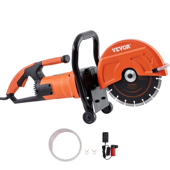 VEVOR Electric Concrete Saw, 9 in, 1800 W 15 A Motor Circular Saw Cutter with 3.5 in Cutting Depth, Wet/Dry Disk Saw Cutter Includes Water Line, Pump and Blade, for Stone, Brick
