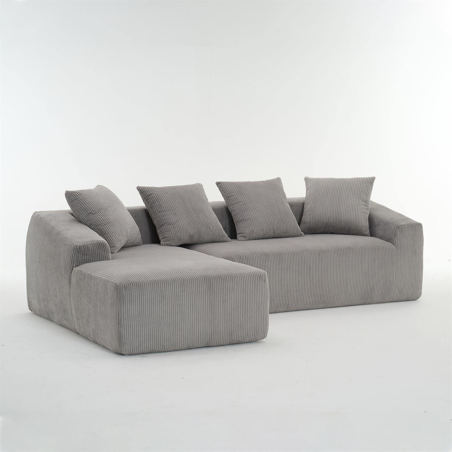 Demi Bonn 101" Corduroy Compression Sofa with Chaise Lounge, 3-Seater Couch with Full Sponge Cushion & 4 Pillows, Ideal for Living Room, Light Gray