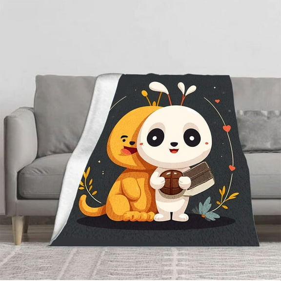 Cozy Flannel Blanket with Adorable Cartoon Characters - Orange White Panda Perfect for Sofa Travel Bed and Chair