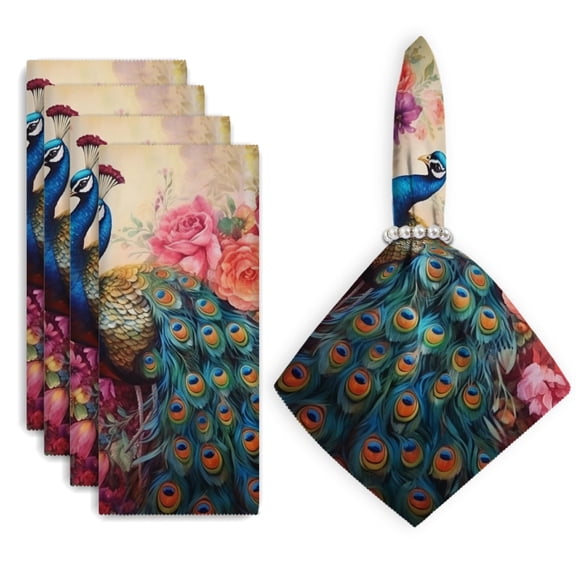 Bahomeck Cloth Napkins Set Of 4,18*18 Inch Washable Polyester Napkins Dining Table Napkins Weddings Party Dinner Parties(Colorful Peacock With Flowers Colorful Background)