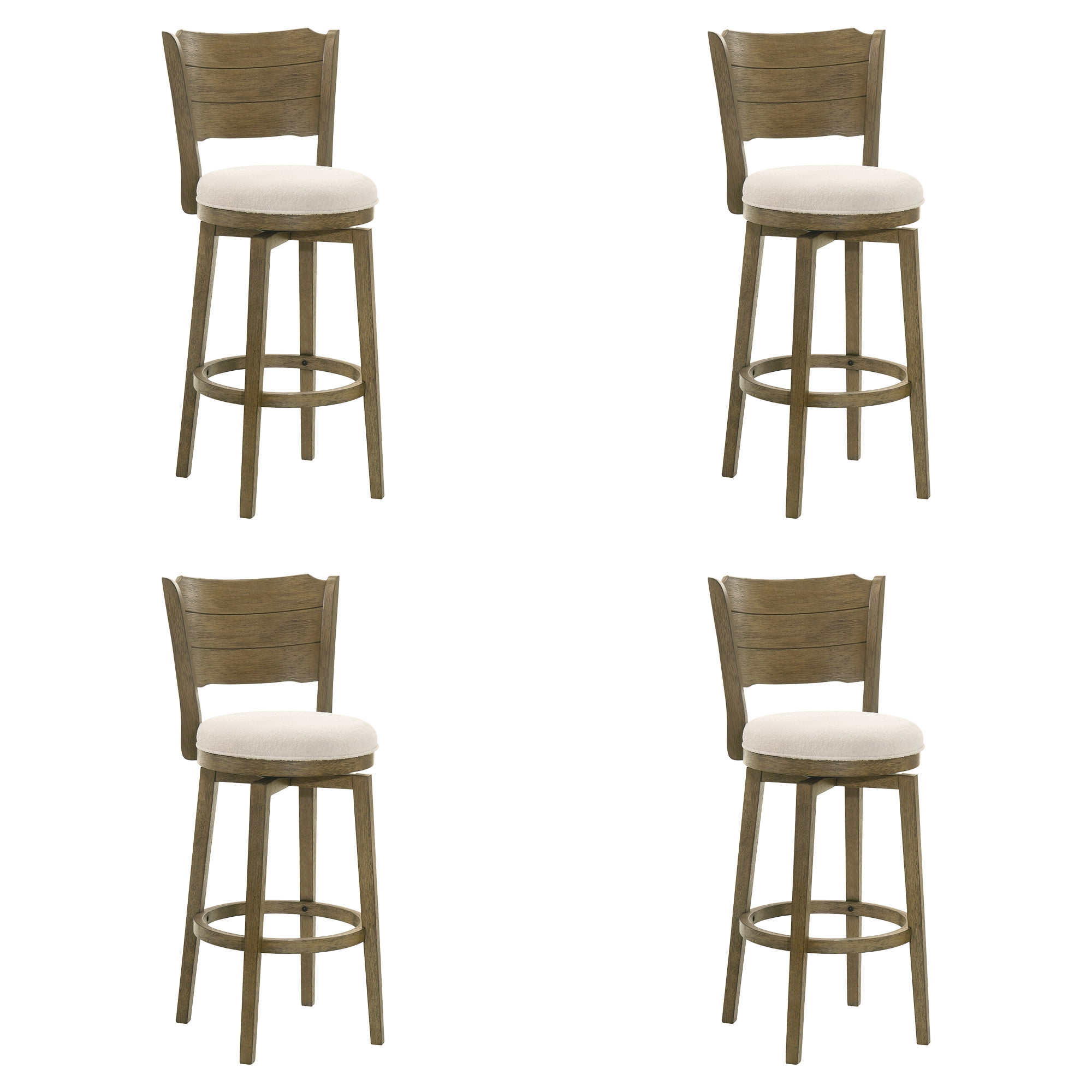Winsley Coastal Modern Swivel Wood Bar Height Kitchen Bar Stool in Putty Brown Finish with White Boucle Fabric Upholstered Seat - Set of 4