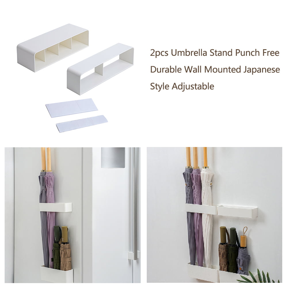 AUTUUCKEE 2pcs Umbrella Stand Holder No Drill Rustproof for Home Indoor Adjustable Wall Mounted Japanese Style Umbrella Storage Rack with Removable Drip Tray