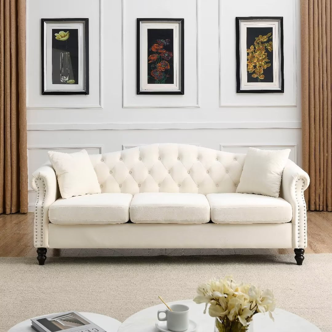 T Alienation rainfall Chesterfield Sofa Couch with Nailhead Trim & Scroll Arms, Modern 3-Seater Sofa with Padded Seat and 2 Pillows, for Living Room, Apartment, Beige Velvet - Walmart.com T Alienation rainfall Chesterfield Sofa Couch with Nailhead Trim & Scroll Arms, Modern 3-Seater Sofa with Padded Seat and 2 Pillows, for Living Room, Apartment, Beige Velvet - Walmart.com