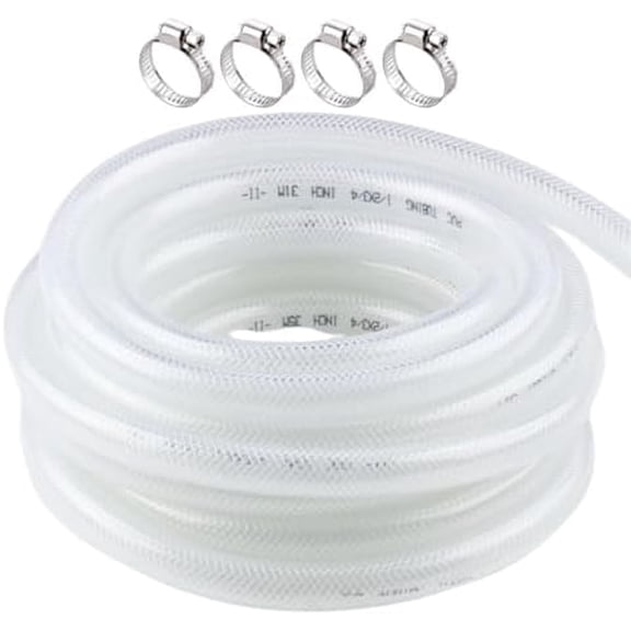 High Pressure Braided Clear Flexible PVC Tubing 1/2" ID x 3/4" OD - 25 Ft Heavy Duty Reinforced Vinyl Hose with 4 Stainless Clamps.